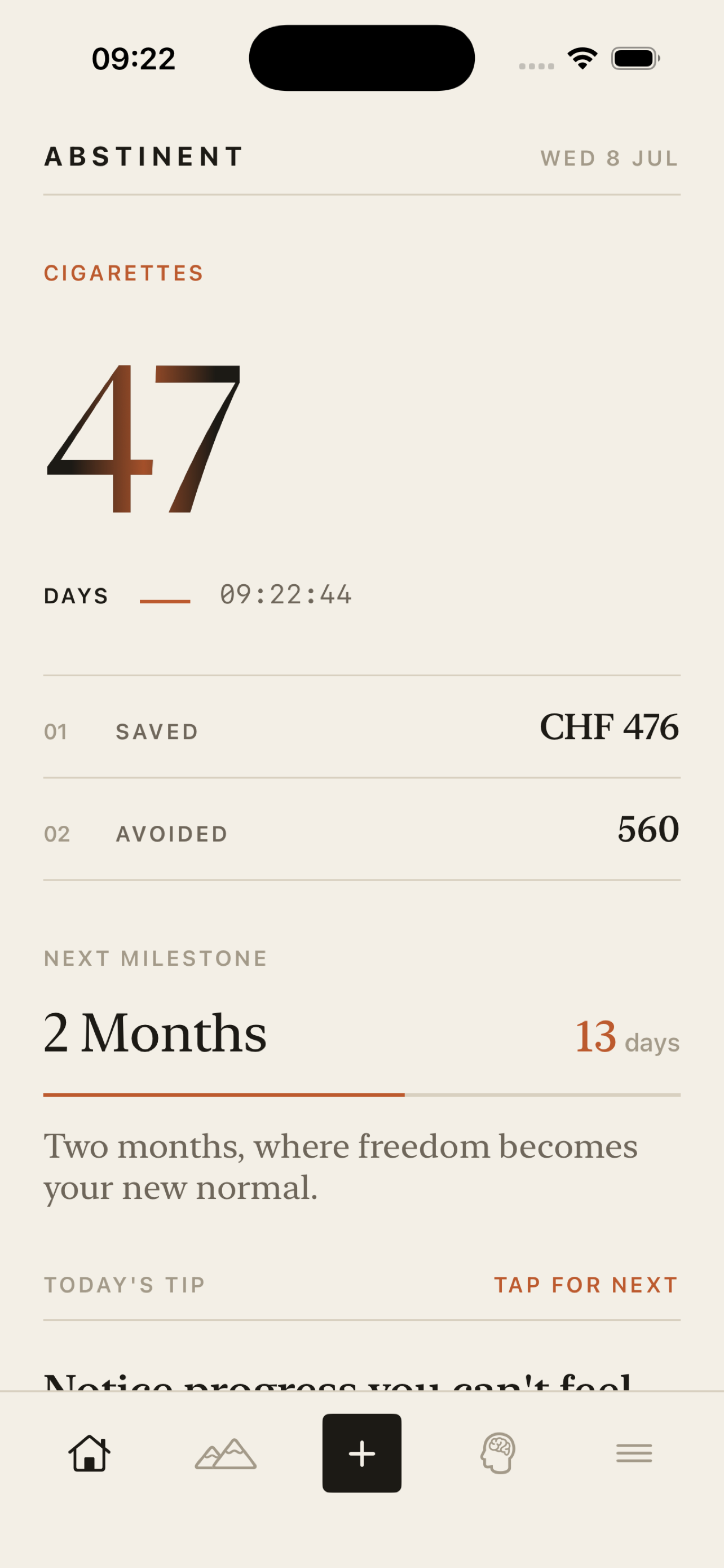 Abstinent home screen with live counter