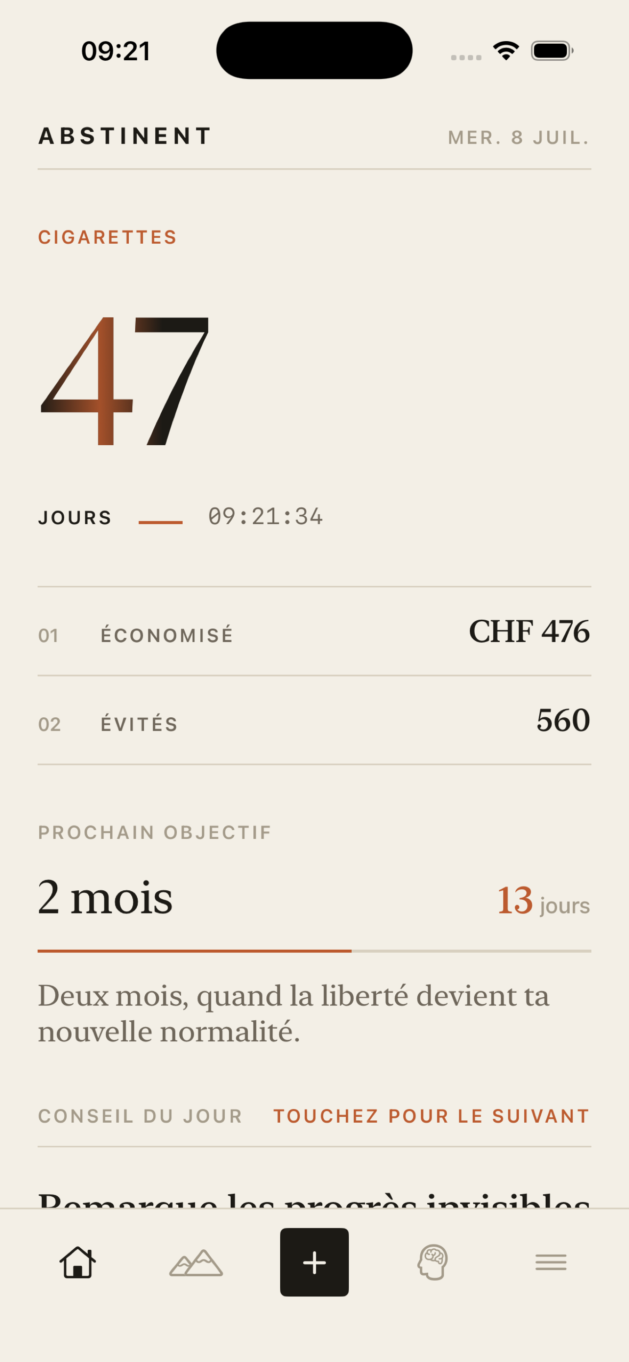 Écran d'accueil Abstinent avec compteur