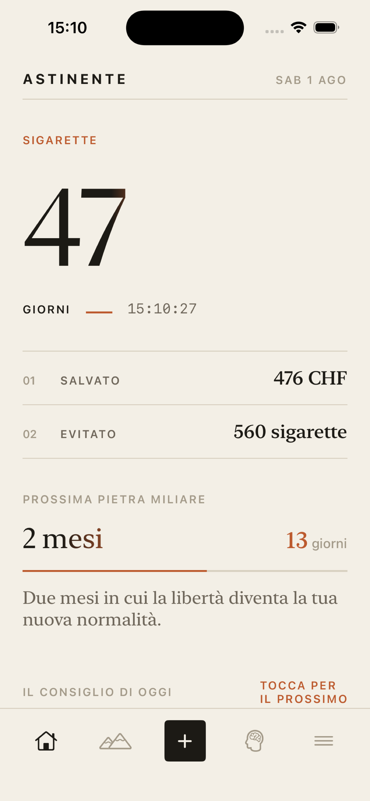 Abstinent schermata iniziale con contatore live